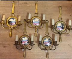 Atelier Petitot 1950 70 Serie of 5 Sconces in Gilted Bronze With Convex Mirror Petitot Signed - 4245730