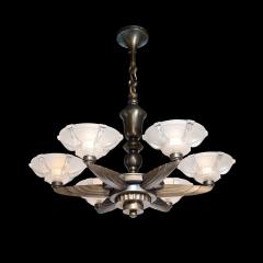 Atelier Petitot Art Deco Five Arm Bronze and Frosted Glass Chandelier by Petitot - 2908965