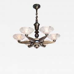 Atelier Petitot Art Deco Five Arm Bronze and Frosted Glass Chandelier by Petitot - 2910640