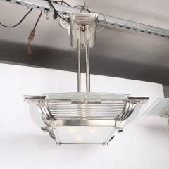 Atelier Petitot Art Deco Machine Age Silvered Bronze Frosted Glass Chandelier signed Petitot - 4377134