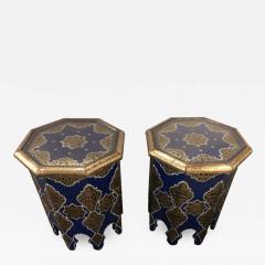 Atlas Showroom Pair of Moroccan Silver Metal Brass Inlaid Side Tables in Blue Majorelle - 1018840