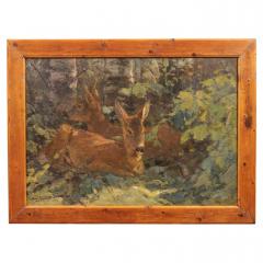 August Specht August Specht 1917 Oil Painting Titled Deer in the Woods in Old Fir Tree Frame - 3544412