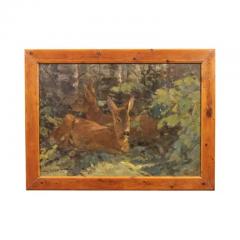 August Specht August Specht 1917 Oil Painting Titled Deer in the Woods in Old Fir Tree Frame - 3544466