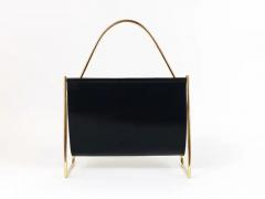 Austrian Modernist Midcentury Magazine Rack Brass and Black Leather - 4058137