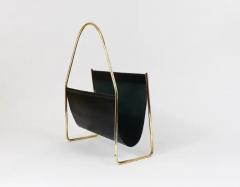 Austrian Modernist Midcentury Magazine Rack Brass and Black Leather - 4058141