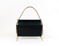 Austrian Modernist Midcentury Magazine Rack Brass and Black Leather - 4058142
