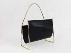 Austrian Modernist Midcentury Magazine Rack Brass and Black Leather - 4058143