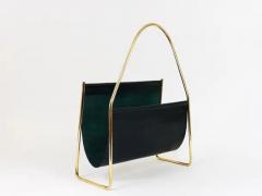Austrian Modernist Midcentury Magazine Rack Brass and Black Leather - 4058173