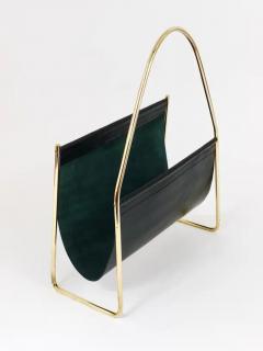 Austrian Modernist Midcentury Magazine Rack Brass and Black Leather - 4058182