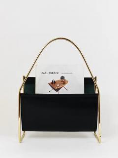 Austrian Modernist Midcentury Magazine Rack Brass and Black Leather - 4058191