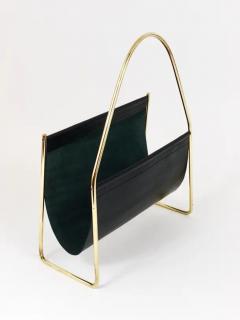 Austrian Modernist Midcentury Magazine Rack Brass and Black Leather - 4058192