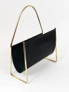 Austrian Modernist Midcentury Magazine Rack Brass and Black Leather - 4058193