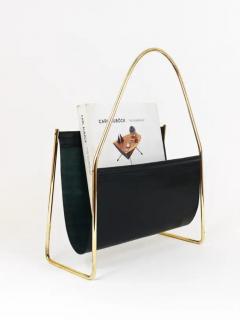 Austrian Modernist Midcentury Magazine Rack Brass and Black Leather - 4058202