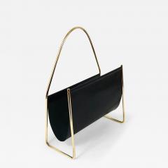 Austrian Modernist Midcentury Magazine Rack Brass and Black Leather - 4063392