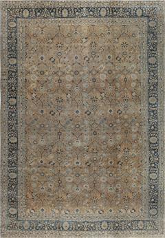 Authentic 1900s Persian Tabriz Blue Yellow Handmade Wool Rug - 2443650