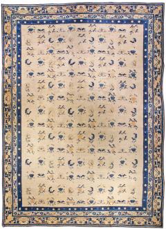 Authentic 19th Century Chinese Botanic Beige Blue Handmade Wool Carpet - 2460897