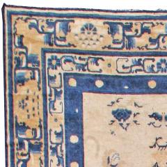 Authentic 19th Century Chinese Botanic Beige Blue Handmade Wool Carpet - 2460900