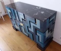 Aymeric Lefort New Blue wood Marquetry Buffet Black Marble and Bronze Filets - 4110958