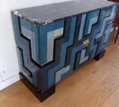 Aymeric Lefort New Blue wood Marquetry Buffet Black Marble and Bronze Filets - 4110963