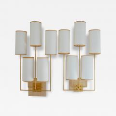 Aymeric Lefort New Gold Patina Pair of Wall Lamp Sconce and White Fabric Lamp Shades - 4490706