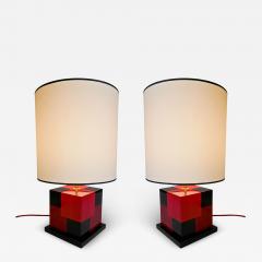 Aymeric Lefort New Pair of Table Lamps in Tinted Red and Black Marquetery by Aymeric Lefort - 4439395