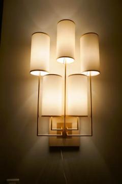 Aymeric Lefort Pair of Wall Lamp Sconce in Gold Patina and White Fabric Lamp Shades - 4109675