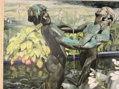 BEAUTIFUL LARGE SCALE PAINTING OF BRONZE FIGURAL FOUNTAIN FLOWERS IN GARDEN - 4691201
