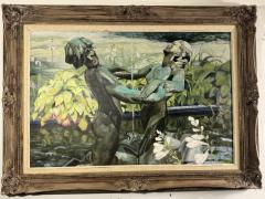 BEAUTIFUL LARGE SCALE PAINTING OF BRONZE FIGURAL FOUNTAIN FLOWERS IN GARDEN - 4691203