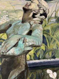 BEAUTIFUL LARGE SCALE PAINTING OF BRONZE FIGURAL FOUNTAIN FLOWERS IN GARDEN - 4691207