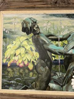 BEAUTIFUL LARGE SCALE PAINTING OF BRONZE FIGURAL FOUNTAIN FLOWERS IN GARDEN - 4691208