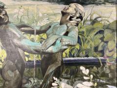 BEAUTIFUL LARGE SCALE PAINTING OF BRONZE FIGURAL FOUNTAIN FLOWERS IN GARDEN - 4691210