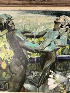 BEAUTIFUL LARGE SCALE PAINTING OF BRONZE FIGURAL FOUNTAIN FLOWERS IN GARDEN - 4691211