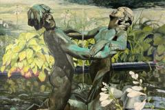 BEAUTIFUL LARGE SCALE PAINTING OF BRONZE FIGURAL FOUNTAIN FLOWERS IN GARDEN - 4693892