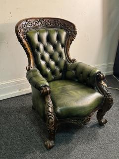 BEAUTIFUL ORNATELY CARVED WOOD AND BUTTON TUFTED LEATHER ARMCHAIR - 4297465