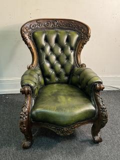 BEAUTIFUL ORNATELY CARVED WOOD AND BUTTON TUFTED LEATHER ARMCHAIR - 4297466