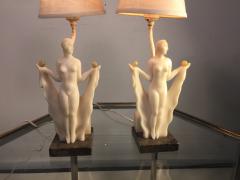 BEAUTIFUL PAIR OF SCULPTED ART DECO ALABASTER DRAPED NUDES ON MARBLE BASES - 2940634