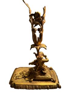 BEAUTIFUL19TH CENTURY BOY GIRL CAT DOG ON PILLOWS BRASS CANDLESTICKS - 4442739