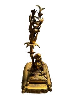 BEAUTIFUL19TH CENTURY BOY GIRL CAT DOG ON PILLOWS BRASS CANDLESTICKS - 4442740