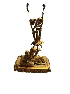 BEAUTIFUL19TH CENTURY BOY GIRL CAT DOG ON PILLOWS BRASS CANDLESTICKS - 4442746