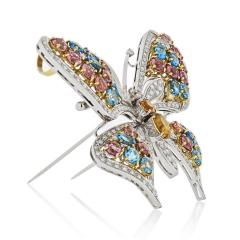 BUTTERFLY 18K WHITE GOLD MULTICOLOR GEMSTONE DIAMOND FRENCH BROOCH - 1744545