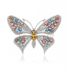 BUTTERFLY 18K WHITE GOLD MULTICOLOR GEMSTONE DIAMOND FRENCH BROOCH - 1745341