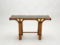 Bamboo and brass French console table black glass top 1970s - 1852936