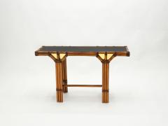 Bamboo and brass French console table black glass top 1970s - 1852937