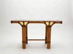 Bamboo and brass French console table black glass top 1970s - 1852947