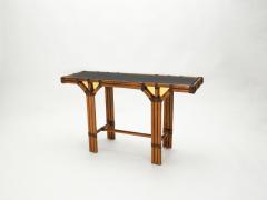 Bamboo and brass French console table black glass top 1970s - 1852954