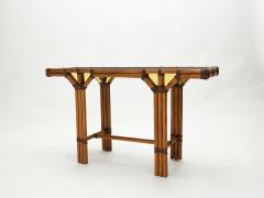 Bamboo and brass French console table black glass top 1970s - 1852959