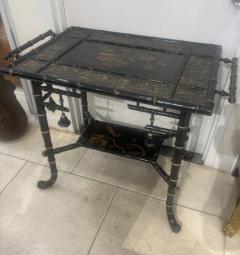 Bamboo black lacquered decorated table with handles and shelf - 4656612