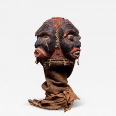 Bamileke Triple Cult head embroidered with dark blue European Glassbeads - 4757853