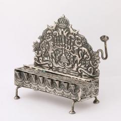 Baroque 19th Century Hand Worked Repouss Sterling Oil Lamp Footed Menorah - 4720054