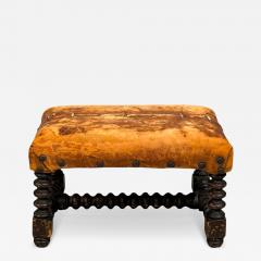 Baroque Small Footstool Leather Turned Walnut 19th c  - 4583081